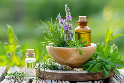 A bowl filled with various herbs sits next to a bottle of essential oils on a wooden surface. The herbs appear to be freshly picked, while the essential oils bottle is sealed with a dropper cap.