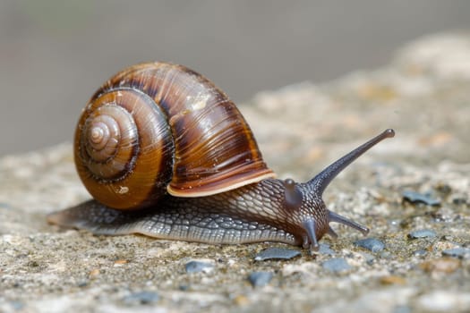 A detailed view of a snail moving slowly across a textured rock surface. The snails spiral shell and tentacles are clearly visible as it navigates its way.