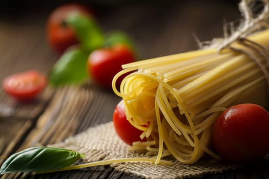 A close-up view of a serving of spaghetti topped with fresh tomatoes on a wooden table. The tomatoes glisten under the light, contrasting with the strands of pasta.