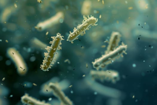 A cluster of microscopic germs suspended in the water, showing the unseen world of microorganisms thriving in their aquatic environment.