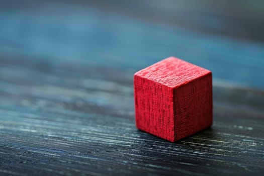 A red cube is placed neatly on top of a wooden table. The cube stands out against the natural wood grain of the table, creating a simple yet striking contrast.