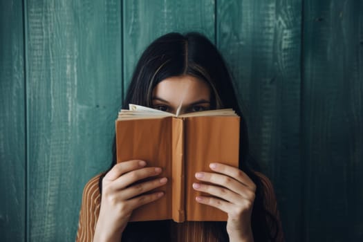 A woman is holding a book in front of her face, blocking her features from view. She appears to be engrossed in the text, with only the book visible.