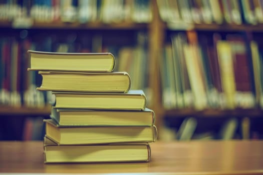 A neat stack of books placed on top of a wooden table, creating a simple yet practical setup for reading or studying. The books vary in size and color, suggesting a diverse range of topics and genres for exploration.