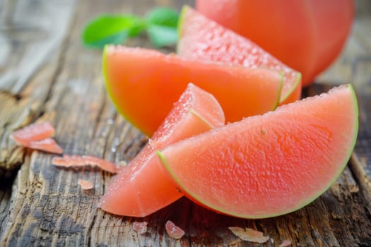 A couple of pieces of watermelon are placed on top of a wooden table, showcasing their vibrant red flesh and green skin. The juicy fruit contrasts against the rustic texture of the table.