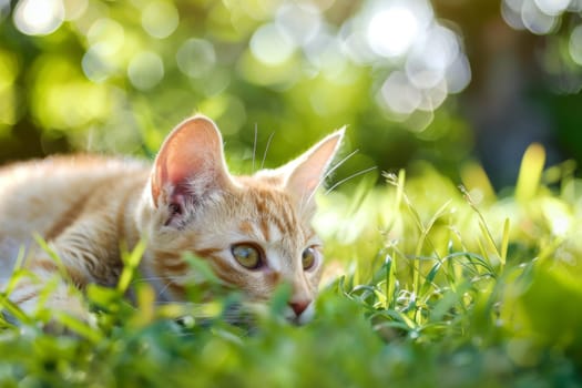 A cat is relaxing in the grass, gazing directly at the camera with curiosity. Its fur blends with the green surroundings, creating a harmonious scene.