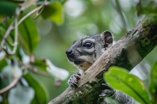 A small animal, likely a squirrel or bird, perched comfortably on a tree branch. It seems to be observing its surroundings or perhaps searching for food. The branch appears sturdy enough to support the creatures weight.