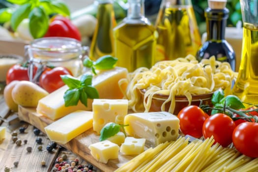 A wooden cutting board is covered with an assortment of different types of food. Included are fruits, vegetables, cheeses, meats, and crackers, creating a colorful and appetizing display.
