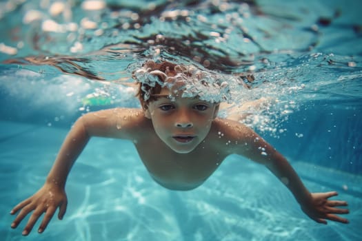 A young boy is swimming underwater in a pool, showcasing his aquatic skills as he navigates through the clear blue water. The boys movements are graceful and fluid, creating a captivating sight as he explores the depths of the pool.