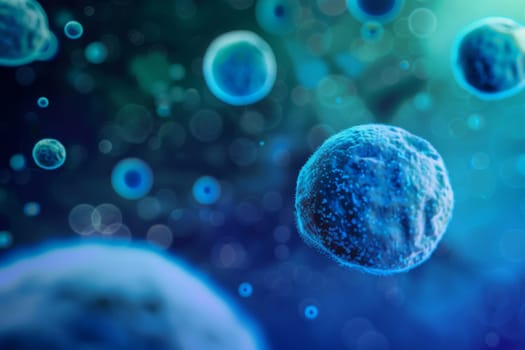 A cluster of blue bubbles floating in mid-air, suspended against a clear background. The bubbles vary in size, with some smaller and others larger, creating a whimsical and playful scene.