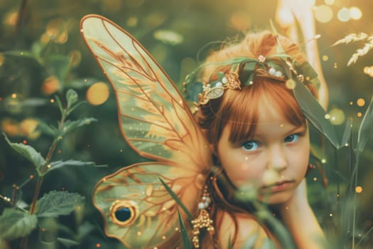 A young girl standing with butterfly wings perched on her head. She appears playful and fascinated by the unique accessory she is wearing. The wings are colorful and delicate, adding a whimsical touch to her appearance.
