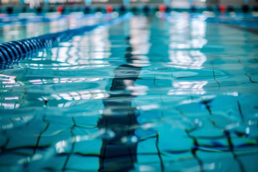 This close-up view showcases a swimming pool with vibrant blue tiles. The water is still and reflects the surrounding environment, creating a striking contrast with the clean, geometric lines of the pool.