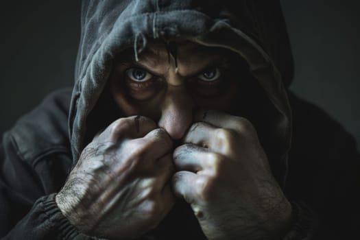 A man wearing a hooded jacket pulls the fabric tightly around his face, covering it with his hands. His posture suggests a desire to shield himself from view or protect his identity.