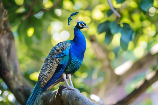 A blue bird is perched on top of a tree branch, its feathers shining brightly under the sunlight. The bird is sitting still, observing its surroundings with a watchful eye.