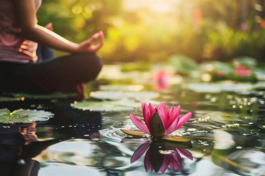 A person is seated in a lotus position on a body of water, showcasing balance and concentration in a serene environment. The calm water reflects the peaceful surroundings.
