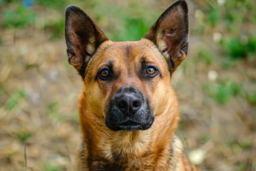 A close-up shot of a dog staring directly at the camera with intense curiosity and focus. The dogs eyes are large and expressive, with a sense of alertness and presence. The fur on its face and ears is detailed, showcasing its unique features.