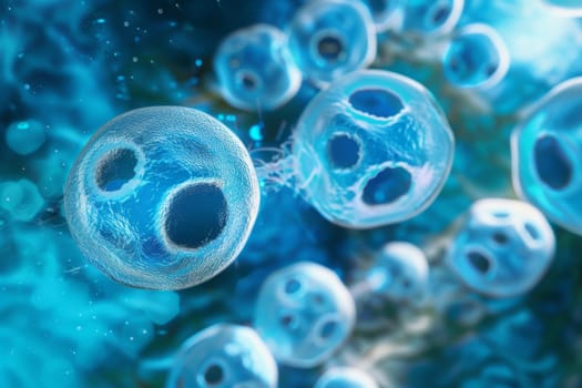 A cluster of blue bubbles peacefully floats in crystal-clear water, creating a mesmerizing visual display. The bubbles gently ascend to the surface, reflecting light as they move.