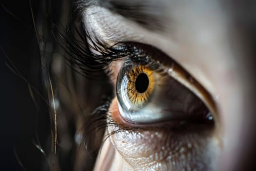 A detailed view of a human eye featuring a striking yellow iris, showcasing intricate patterns and textures. The iris is the colored part of the eye surrounding the pupil, responsible for controlling the amount of light entering the eye.