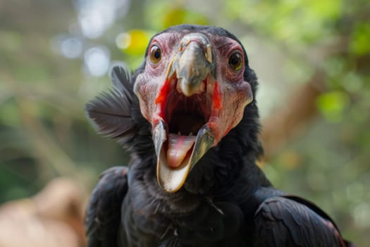 A detailed view of a bird with its beak wide open. The bird appears to be vocalizing or calling out. Its feathers and eye are also clearly visible in the close-up shot.