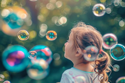 A young girl stands amidst a cluster of soap bubbles, looking inquisitive and playful. The bubbles float around her, catching the light and adding a sense of whimsy to the scene.