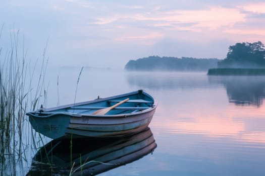 A small boat is peacefully floating on top of a lake. The calm waters reflect the clear blue sky above, creating a serene scene.