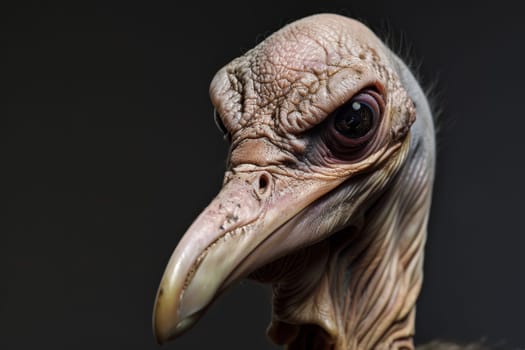 A detailed close-up view of a bird with vibrant feathers set against a stark black backdrop. The birds intricate features and unique coloring stand out prominently in the image.