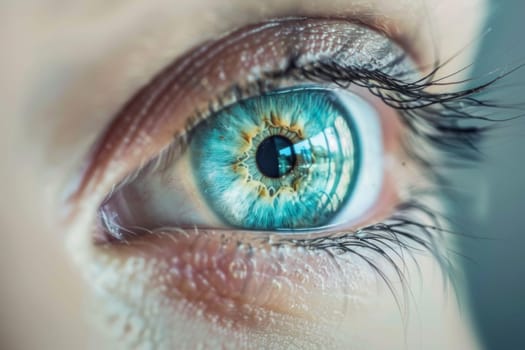 A detailed view of a persons blue eye, showcasing the intricate patterns of the iris and the reflection of light on the cornea. The eye is open and alert, revealing the individuals unique eye color.