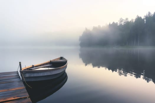 A boat is parked on top of a lake next to a wooden dock. The boats reflection is visible in the calm water.
