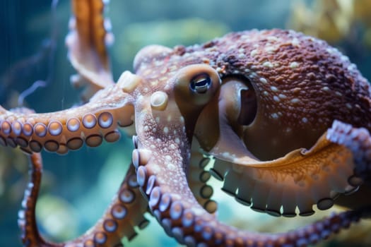 A detailed view of an octopus swimming in an aquarium, showcasing its intricate tentacles and unique movements as it explores its environment.