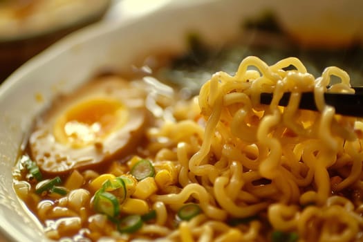 A bowl filled with steaming noodles topped with a perfectly cooked egg. The egg yolk is runny and adds a creamy richness to the dish.