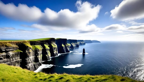 AI generated of a Cliffs of the mother, a large rock formation is in the water with a boat in the water