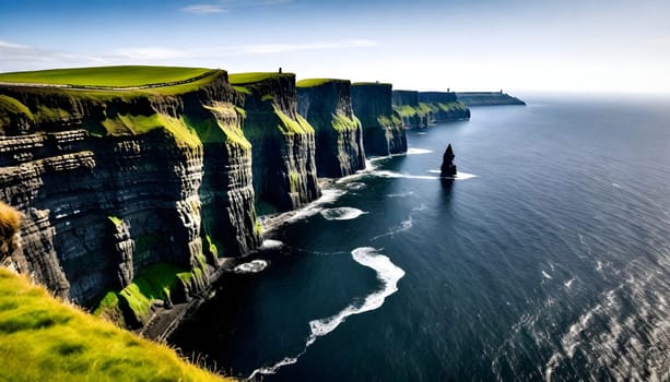 AI generated of a Cliffs of the mother, a large rock formation is in the water with a boat in the water