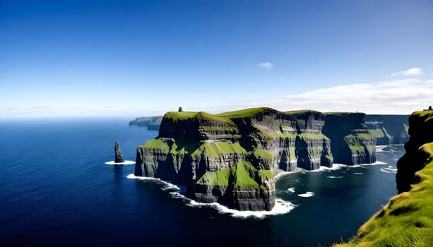 AI generated of a Cliffs of the mother, a large rock formation is in the water with a boat in the water