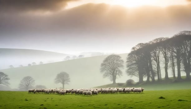 AI generated of the countryside of England, UK with field and meadows full of sheeps with misty sky