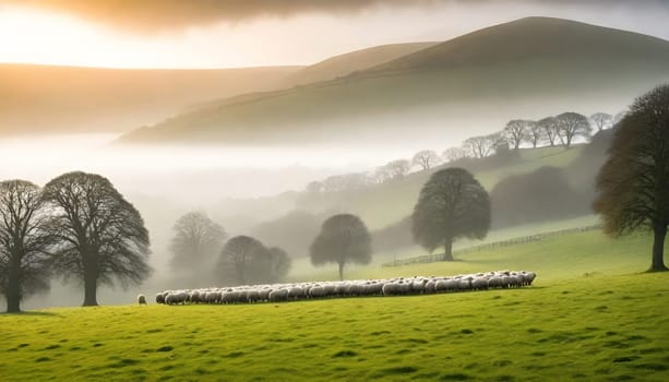AI generated of the countryside of England, UK with field and meadows full of sheeps with misty sky