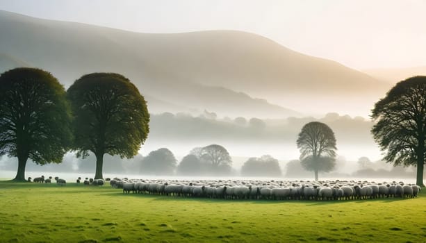 AI generated of the countryside of England, UK with field and meadows full of sheeps with misty sky