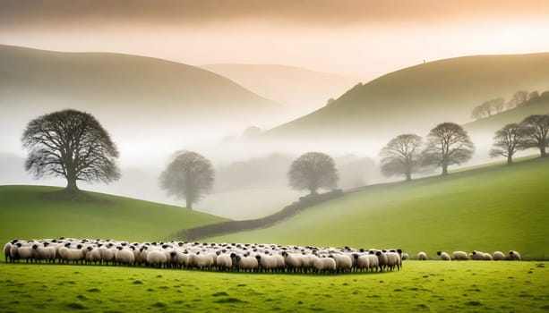 AI generated of the countryside of England, UK with field and meadows full of sheeps with misty sky