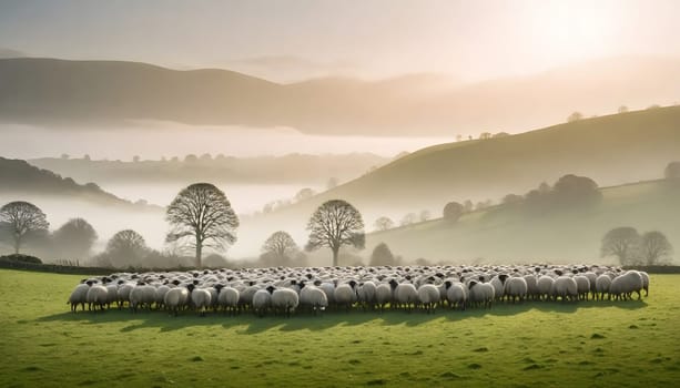 AI generated of the countryside of England, UK with field and meadows full of sheeps with misty sky