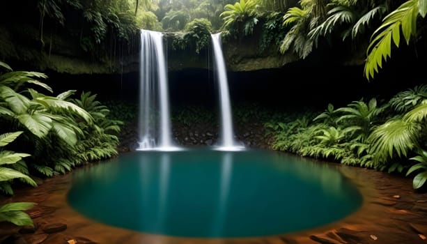 AI generated of a crystal clear pool with a picture of a waterfall in the jungle