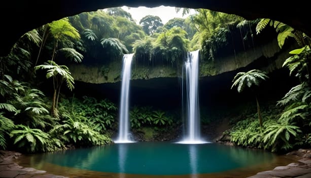 AI generated of a crystal clear pool with a picture of a waterfall in the jungle