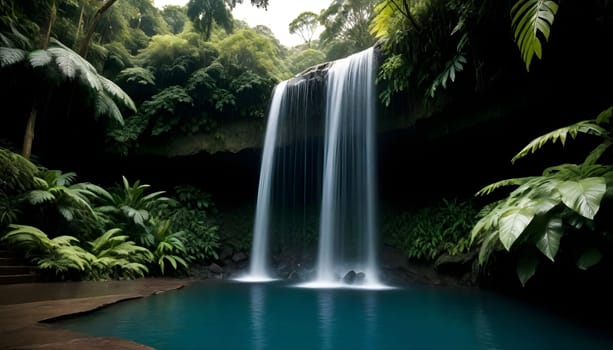 AI generated of a crystal clear pool with a picture of a waterfall in the jungle
