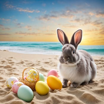 Easter bunny with easter eggs on the beach.