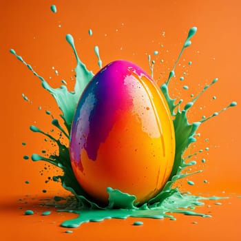 easter egg in a color explosion or splash on orange background