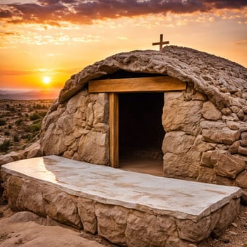 empty tomb of Jesus Christ at sunrise resurrection