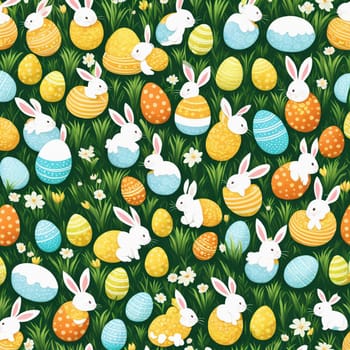 happy easter bunny in easter meadow with eggs and copy space