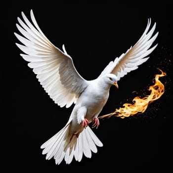 Flying white dove with fire effect on dark background. Symbol of peace.