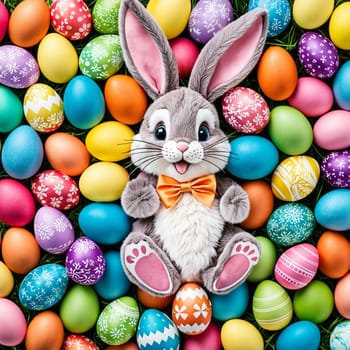 Happy Easter bunny with many colorful easter eggs.