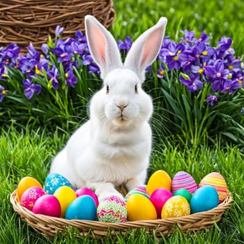 Happy Easter bunny with many colorful easter eggs.