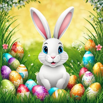 happy easter bunny in easter meadow with eggs and copy space