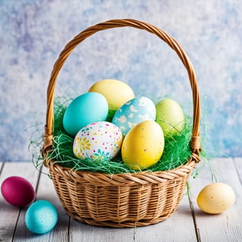 happy easter Easter painted eggs in a basket for holiday decoration copy space