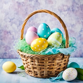 happy easter Easter painted eggs in a basket for holiday decoration copy space